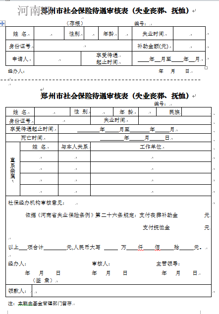 郑州市社会保险待遇审核表（失业丧葬抚恤）.png