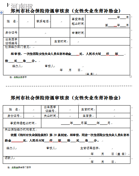 郑州市社会保险待遇审核表（女性失业生育补助金）.png